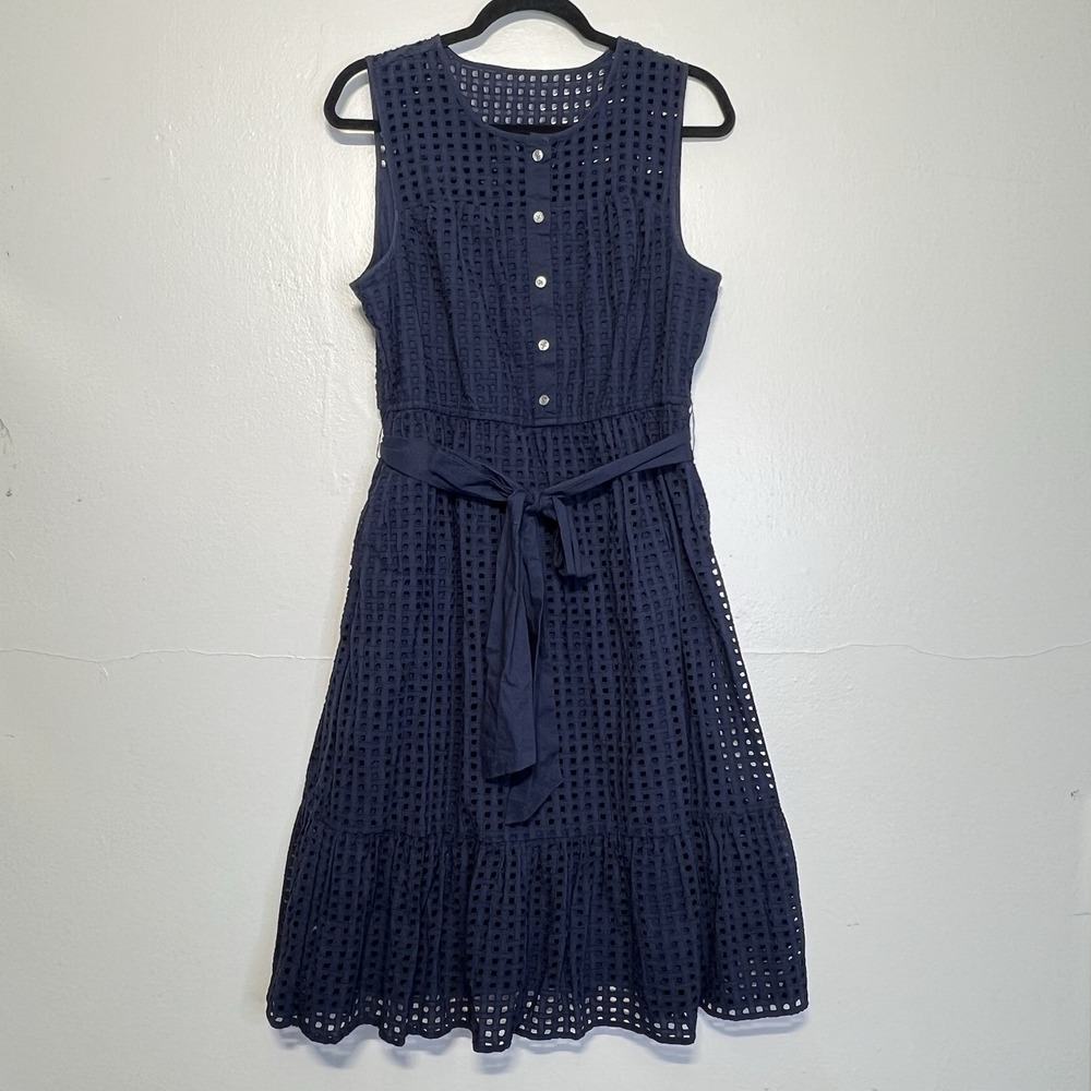 J. Crew Navy Blue Sleeveless Eyelet Dress Sz 12 A-Line‎ Flounce Hem Tie Waist - Picture 2 of 15